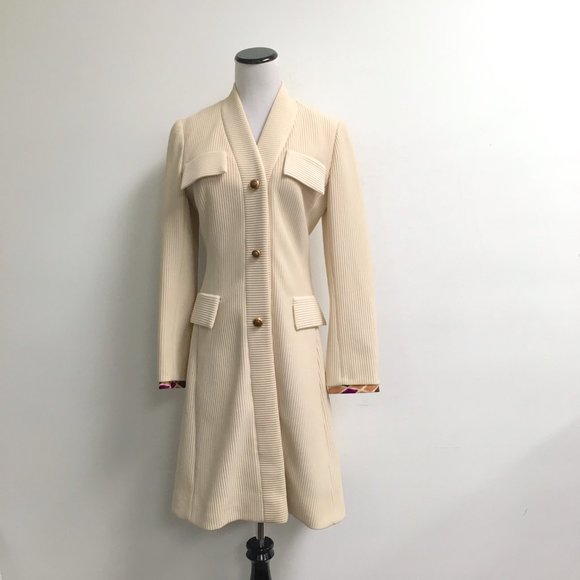 Lilli Ann cream long Coat geometric cuff trim metal buttons 6 vintage - Picture 1 of 10